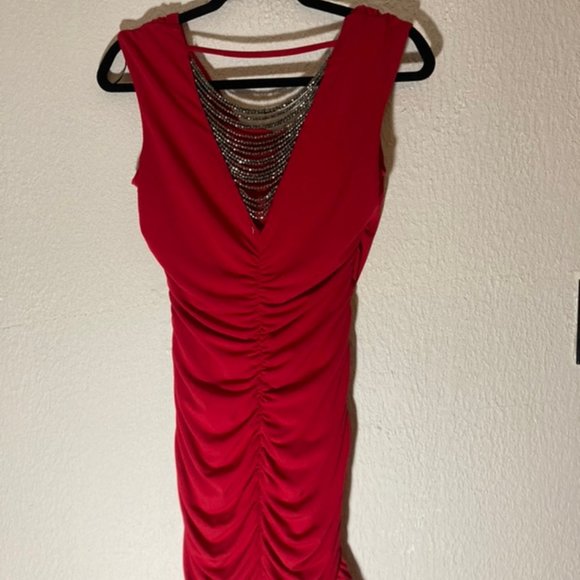 By & By Red Bodycon Dress Beaded Open Back Size Medium - Picture 2 of 4